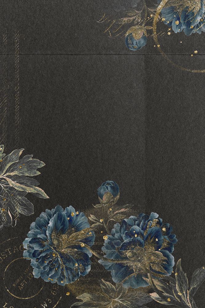 Ephemera blue flower on black background, vintage illustration