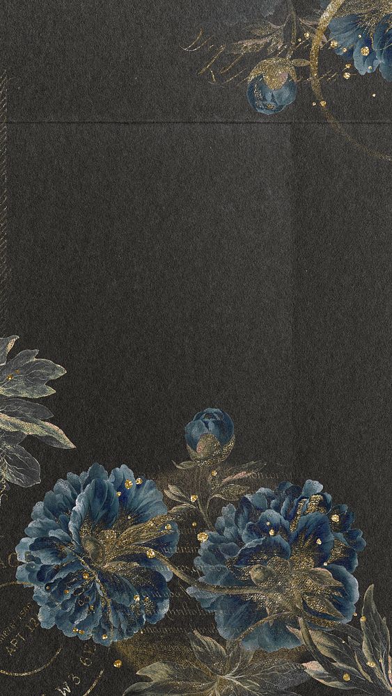 Ephemera blue flower iPhone wallpaper, vintage black background