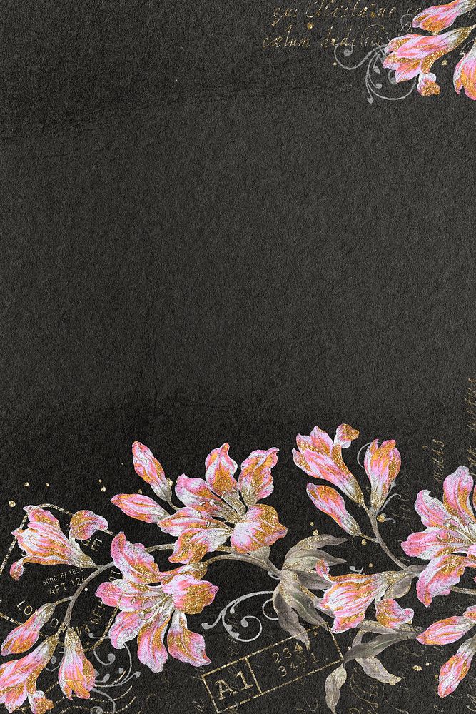 Ephemera pink flower on black background, vintage illustration