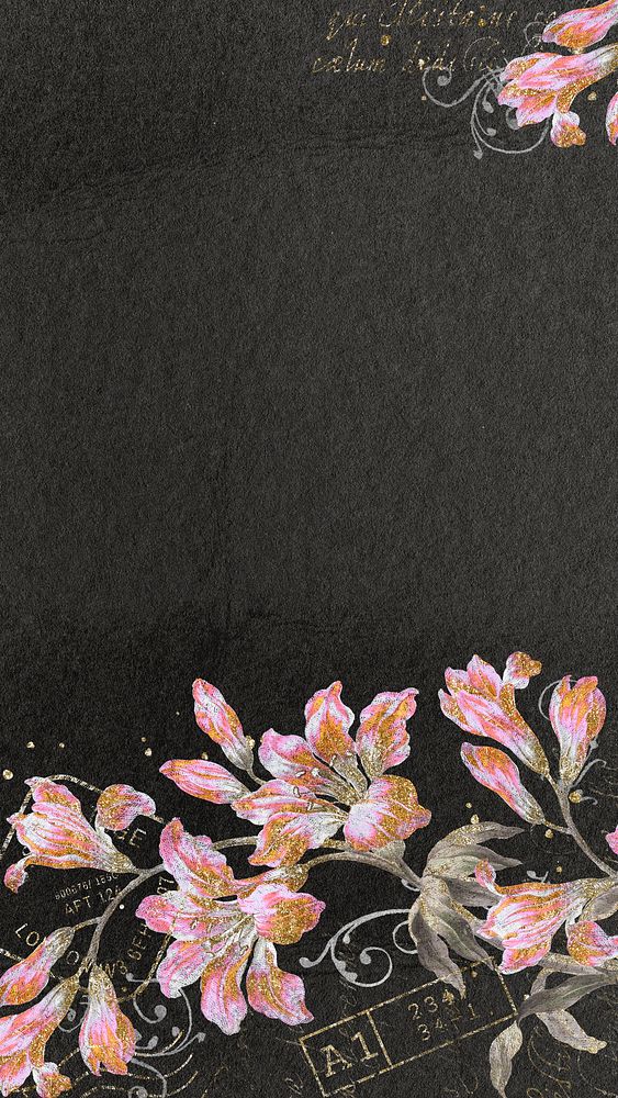 Ephemera pink flower iPhone wallpaper, vintage black background