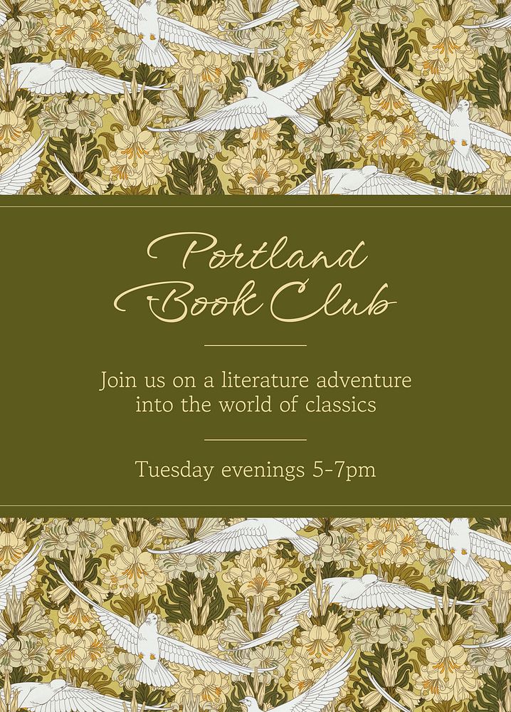 Book club invitation card template, green bird pattern psd, famous Maurice Pillard Verneuil artwork remixed by rawpixel