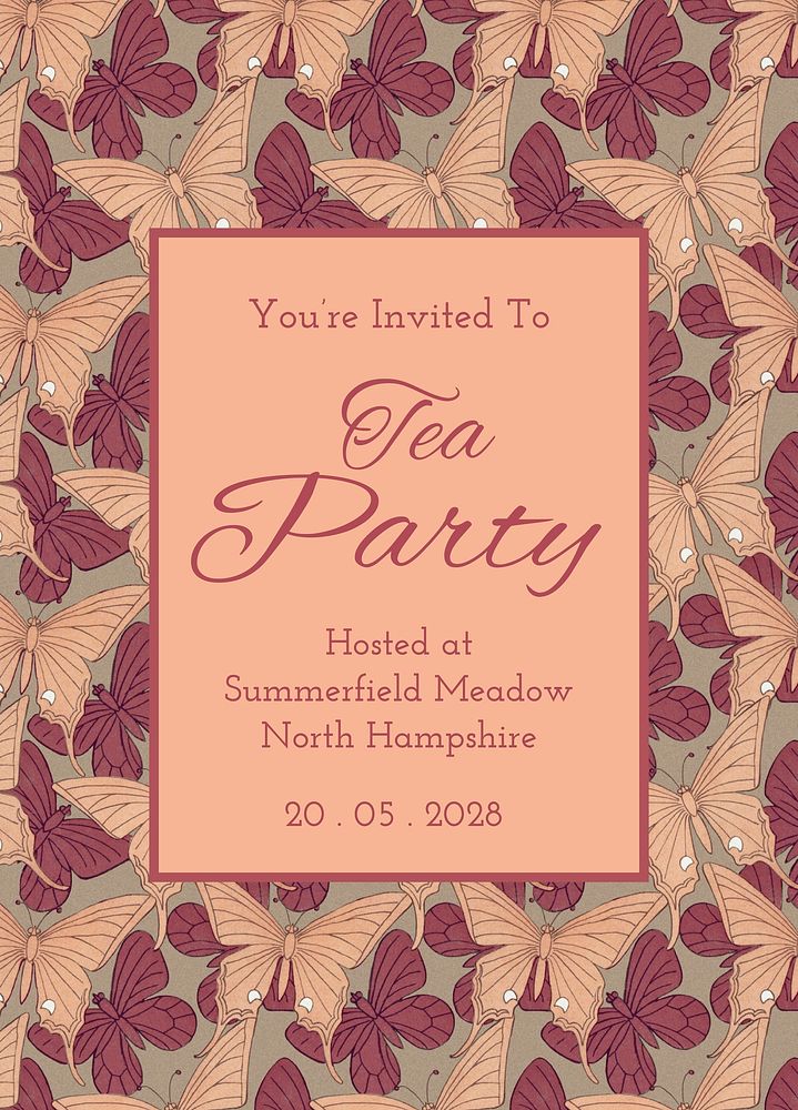 Tea party invitation card template, vintage butterfly pattern psd, famous Maurice Pillard Verneuil artwork remixed by…