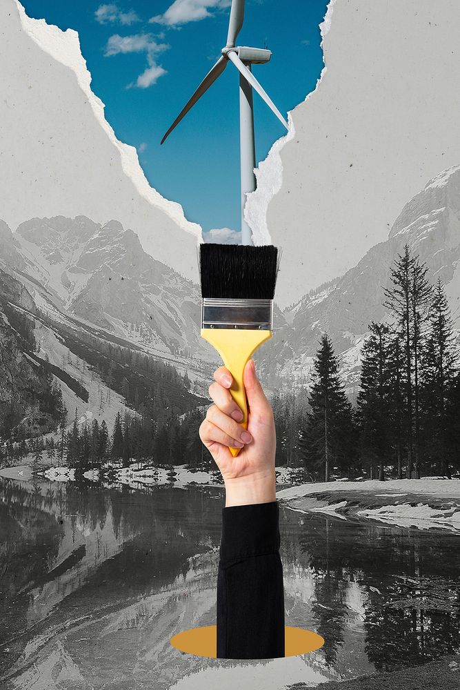 Hand holding paintbrush mockup, nature landscape, remixed media design psd
