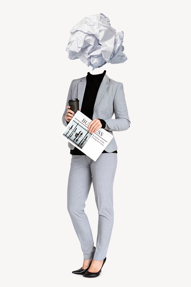 Crumpled paper head businesswoman, journalism, writer's block remixed media psd