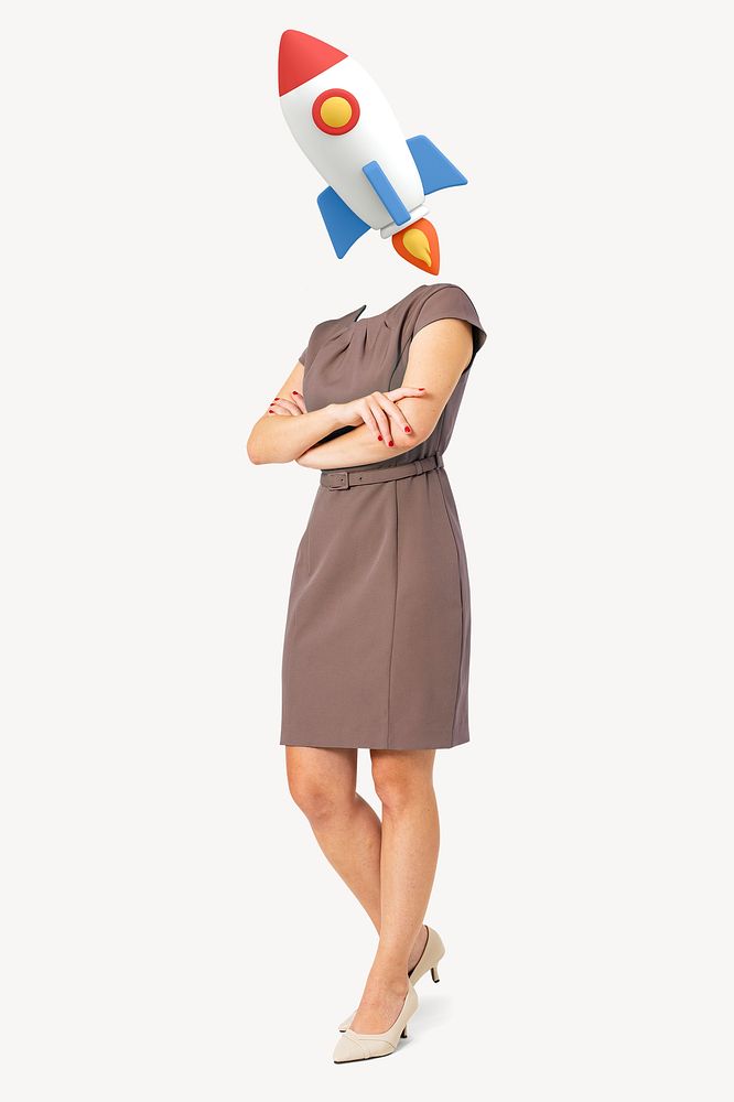 Rocket head businesswoman, startup, business launch remixed media psd