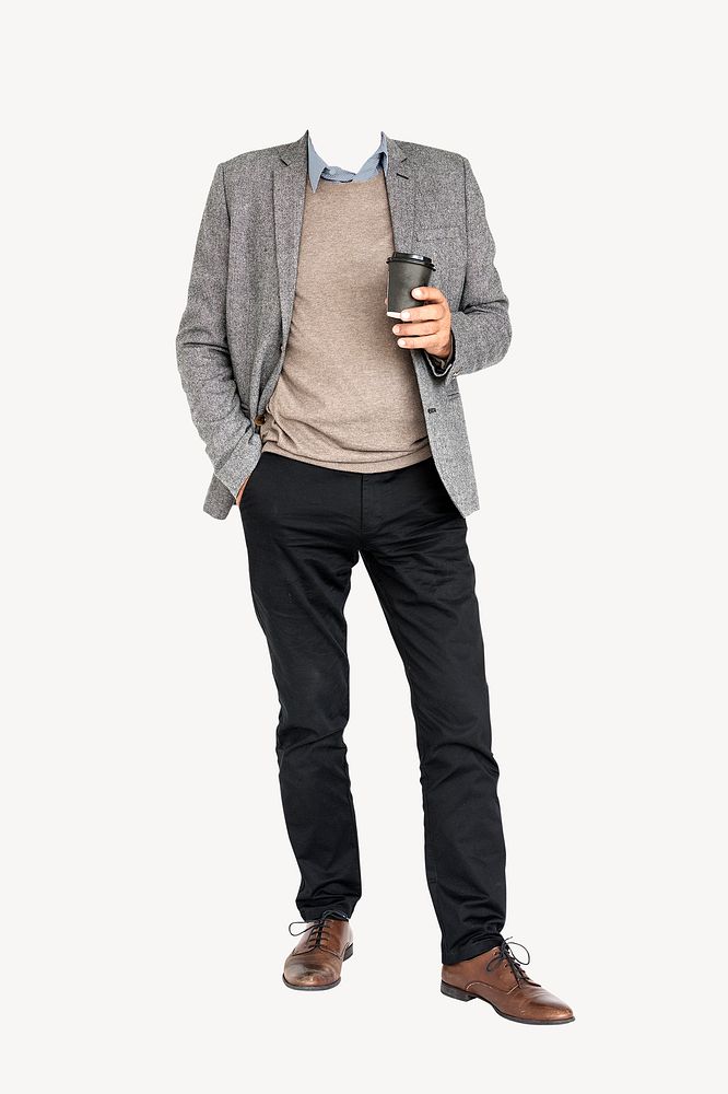 Headless businessman sticker, holding coffee cup image psd