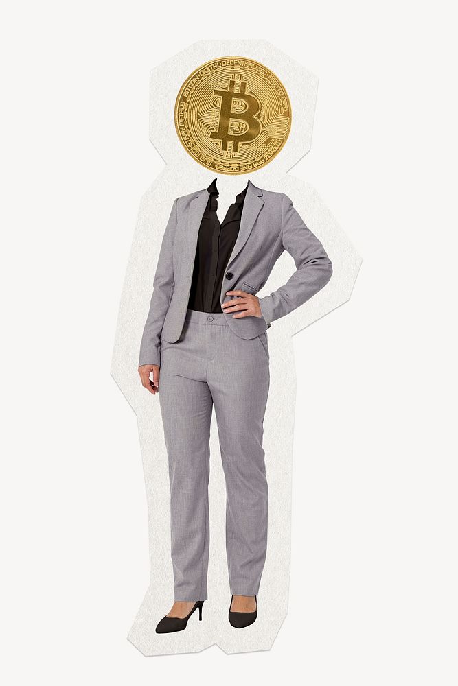 Bitcoin head businesswoman, finance remixed media image
