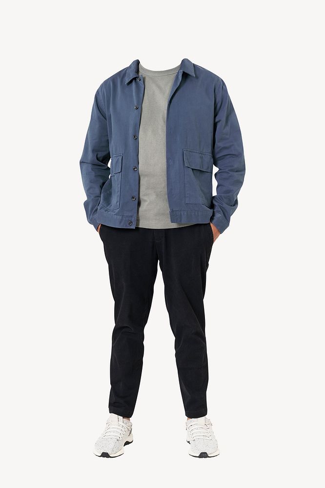 Headless man wearing blue jacket, men's casual fashion psd