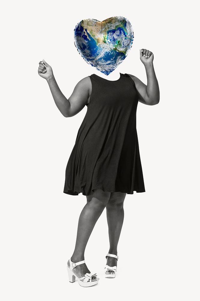 Heart globe head woman, environment remixed media