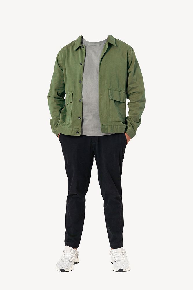Headless man in green jacket, men's casual fashion image