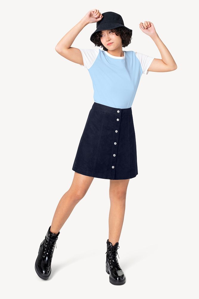 Teenage streetwear outfit, blue t-shirt and skirt psd