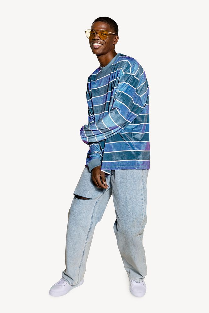 Black teenage man, blue striped t-shirt image psd
