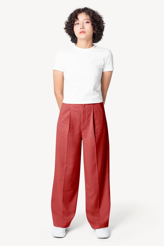 Women's casual fashion, white t-shirt, oversized pants image psd