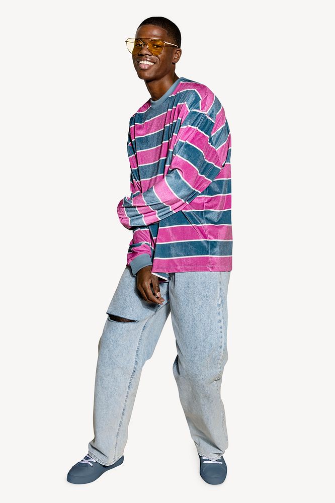 Black teenage man, pink striped t-shirt image psd