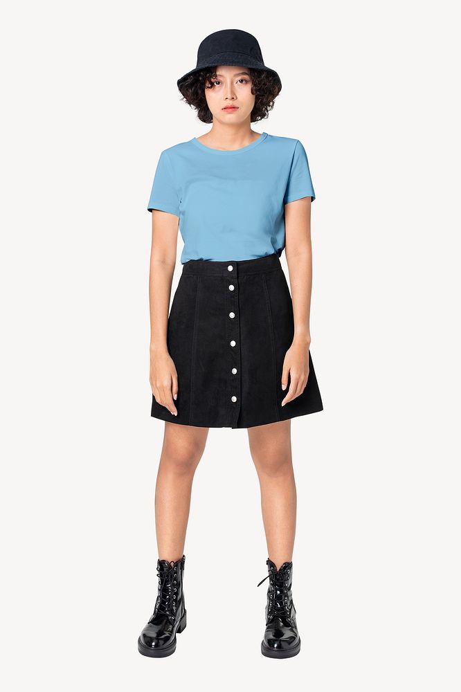 Teenage streetwear outfit, blue t-shirt and skirt psd