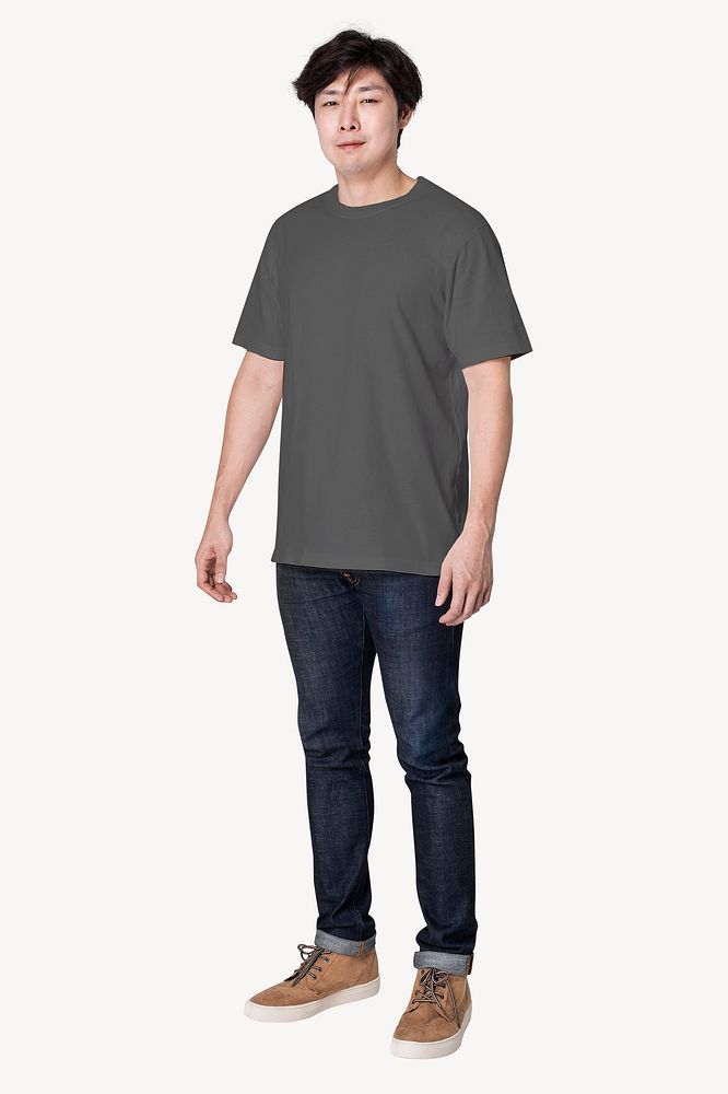 Asian man, gray t-shirt, full body image psd