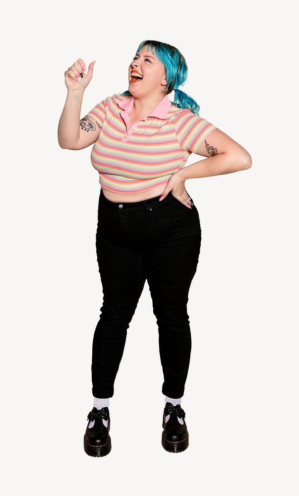 Plus-size woman in striped t-shirt and skinny jeans, casual fashion psd