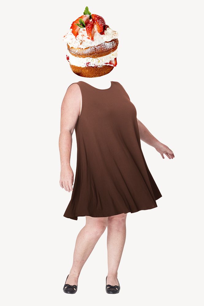 Strawberry cake head plus-size woman, dessert food remixed media psd