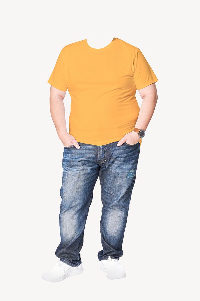 Headless plus-size man wearing yellow t-shirt image psd