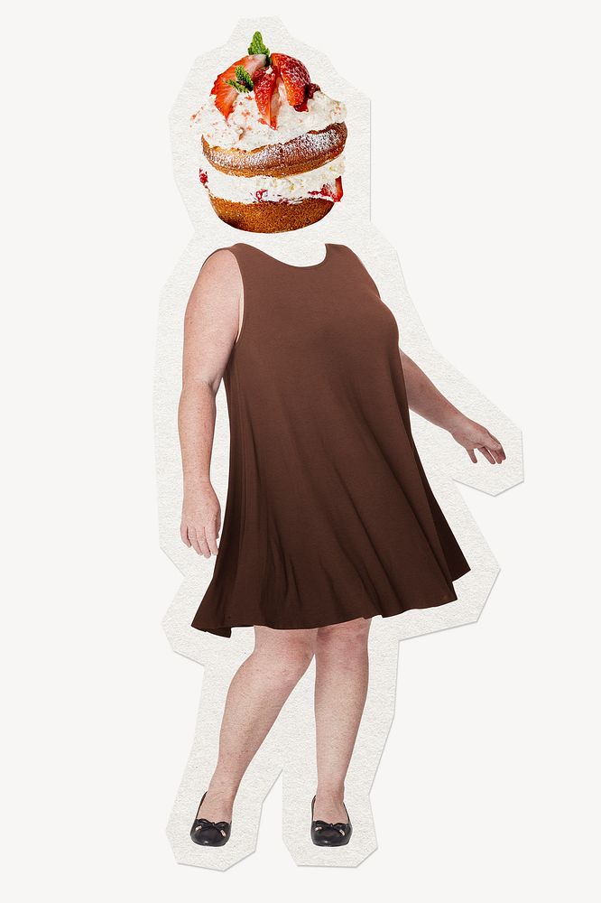 Strawberry cake head plus-size woman, dessert food remixed media