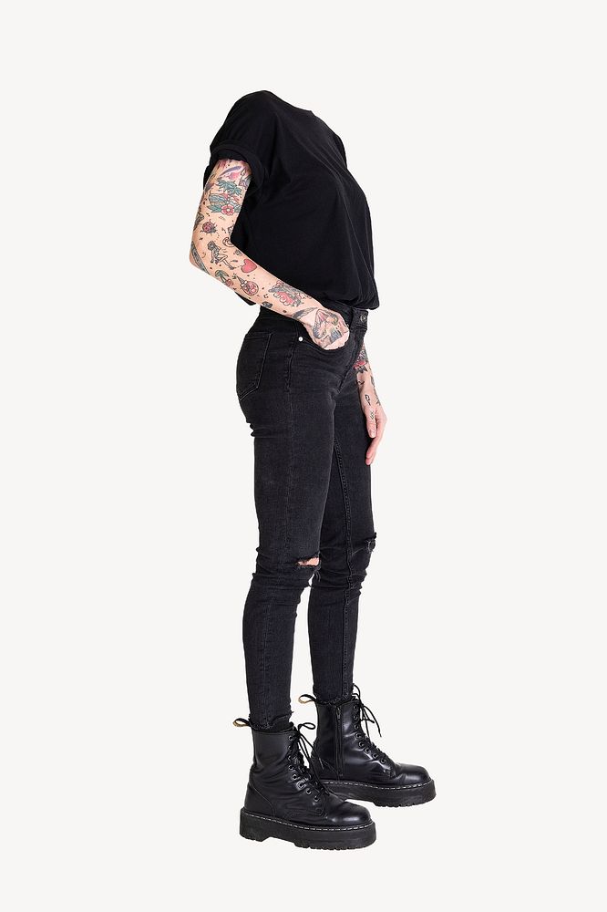 Headless tattooed woman, grunge fashion, full body image psd