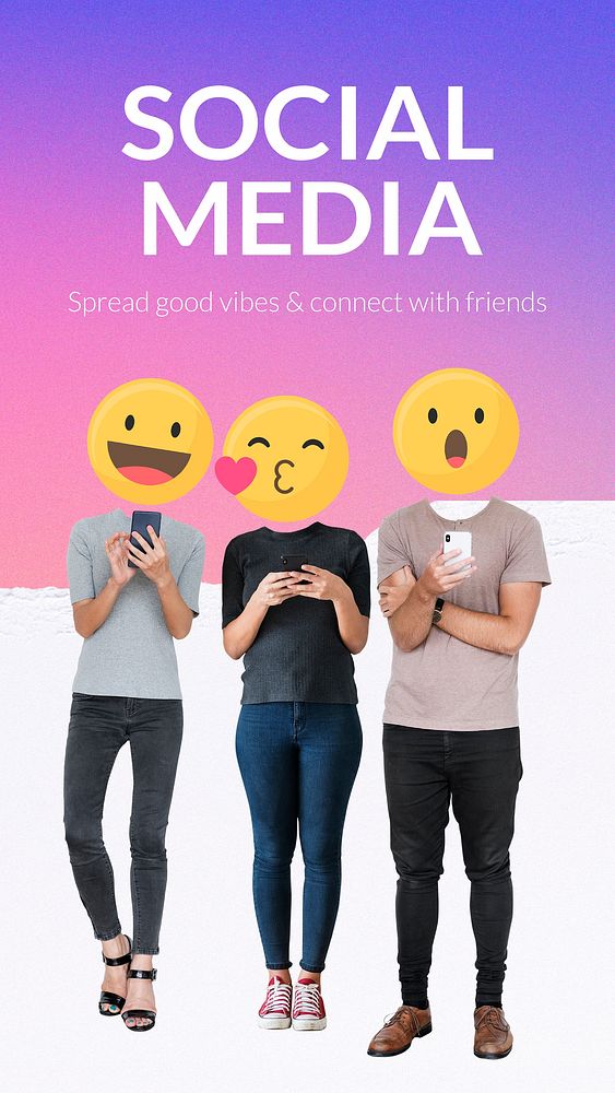 Social media lovers template, emoticon heads, Instagram story vector