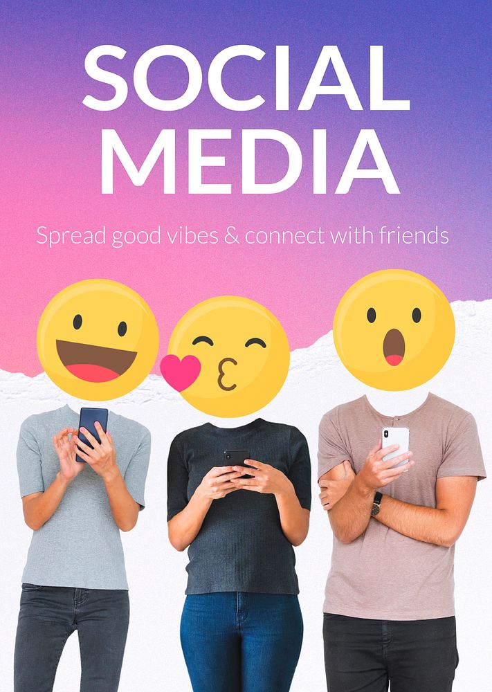 Social media lovers template, emoticon heads poster vector