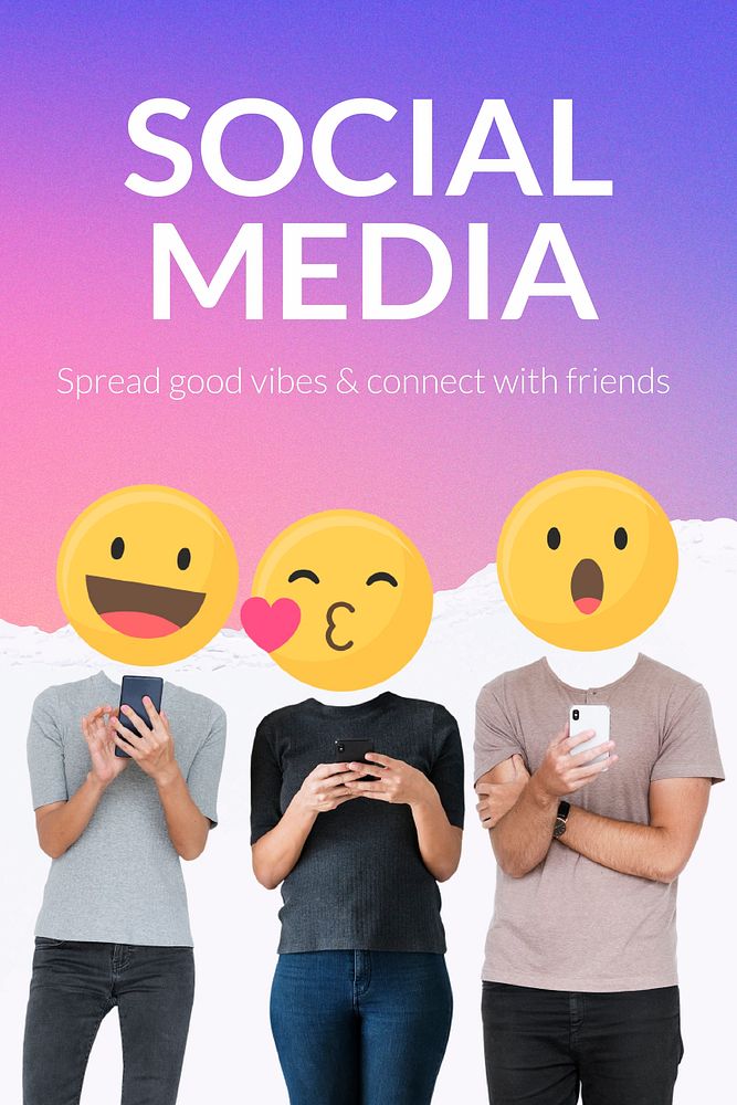 Social media lovers template, emoticon heads vector