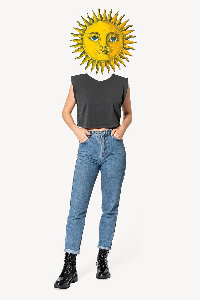 Celestial sun head woman, whimsical abstract remixed media