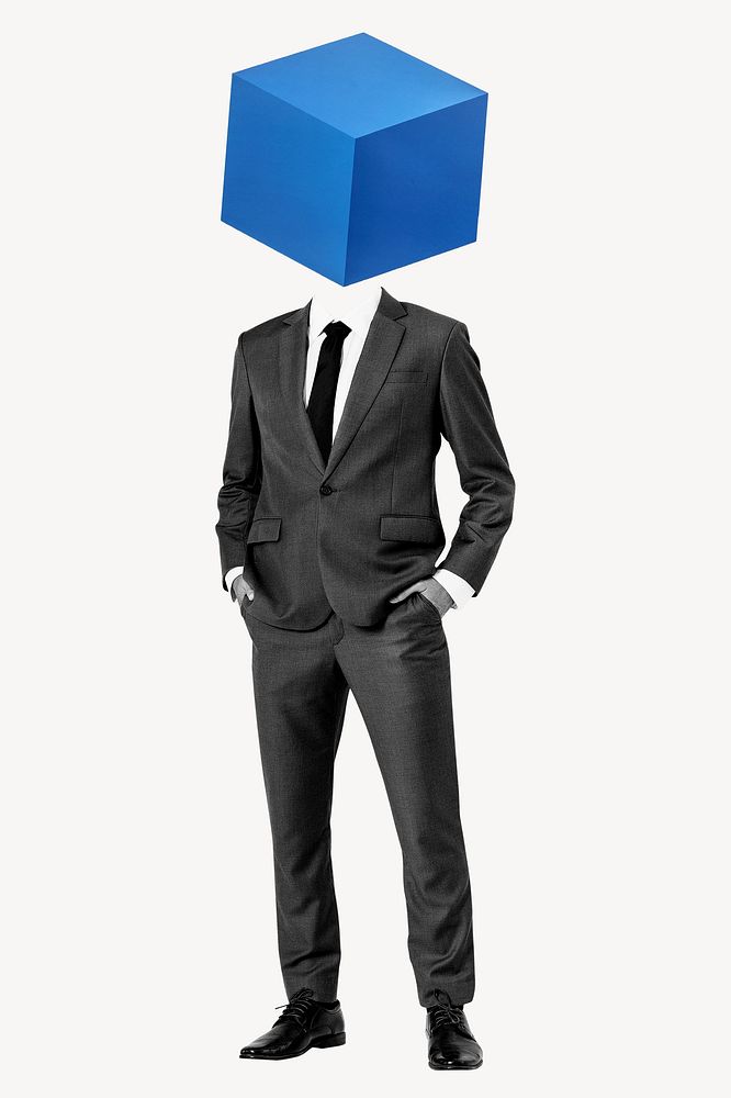 Blue box head businessman, tech company remixed media psd