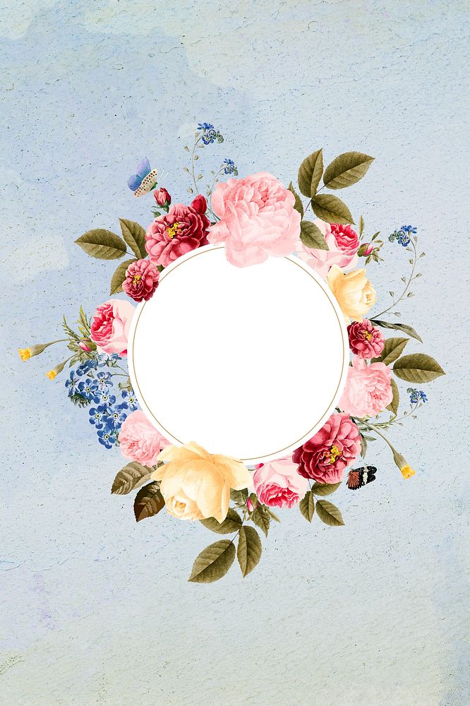 Floral round frame on a blue concrete wall illustration