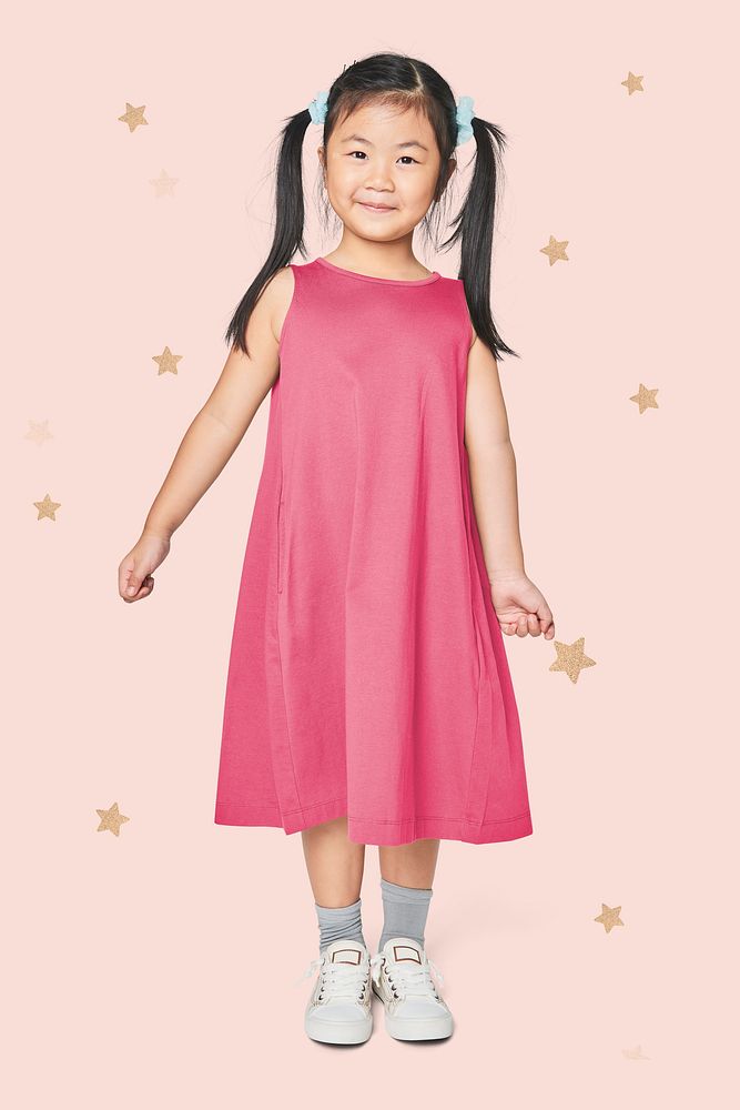 Asian girl in pink dress full body mockup