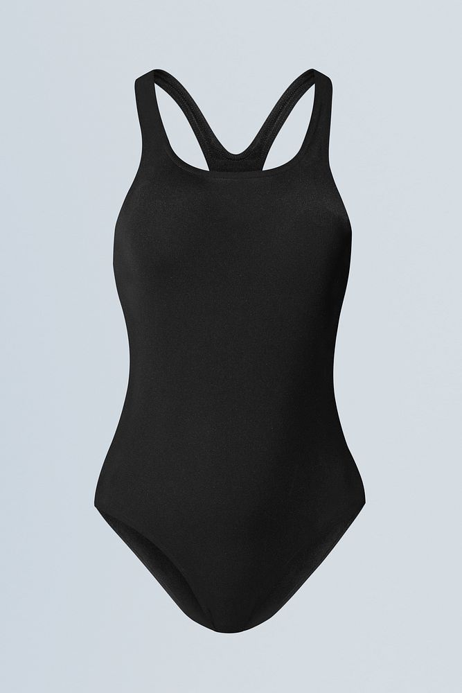 Black one-piece swimsuit mockup psd senior women&rsquo;s summer apparel