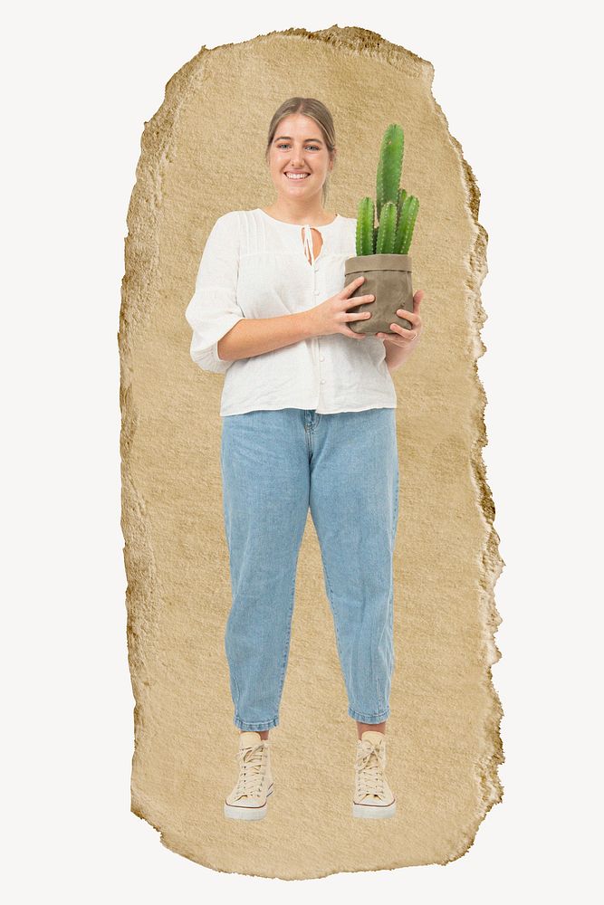 Woman plant lover, ripped paper collage element