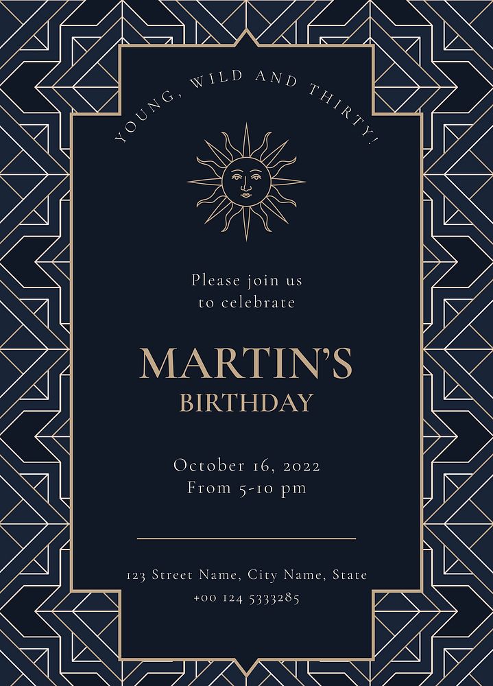 Birthday party invitation template vector with gold art deco style