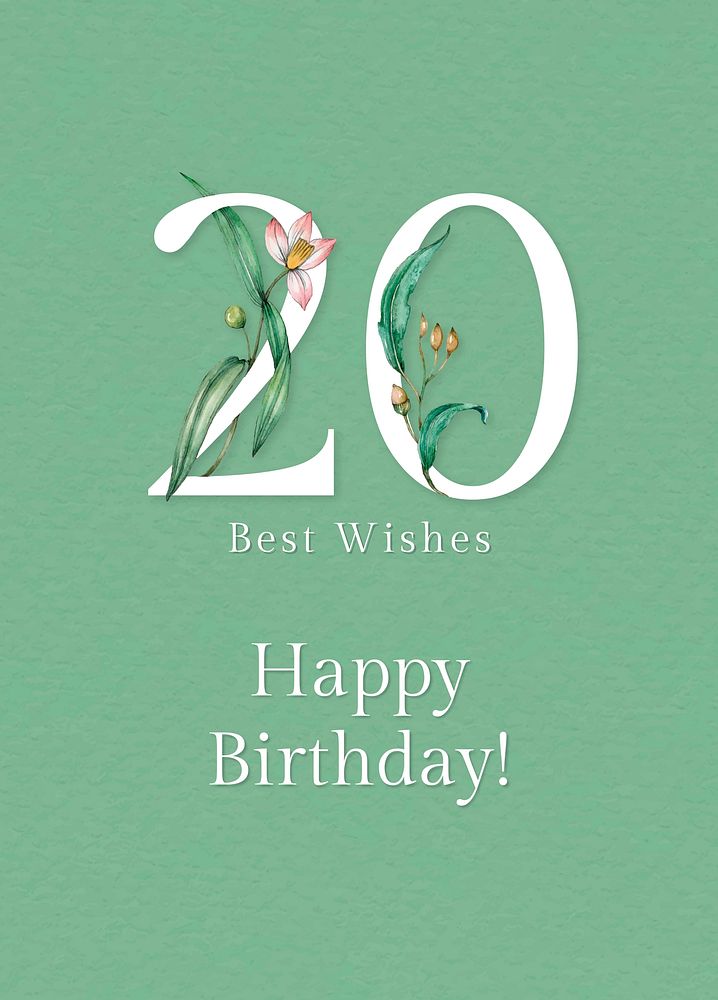 20th birthday greeting template vector with floral number illustration