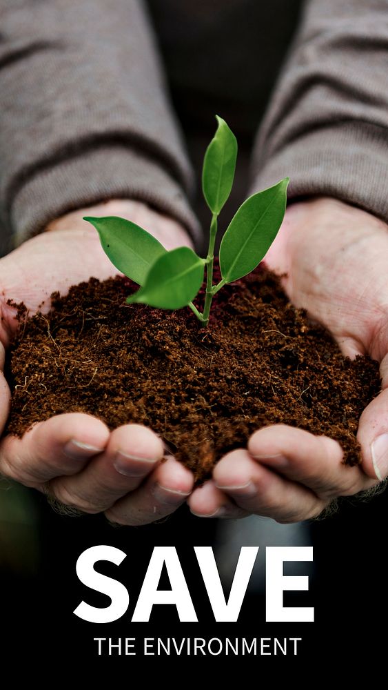 Save the environment template vector with young plant in hands