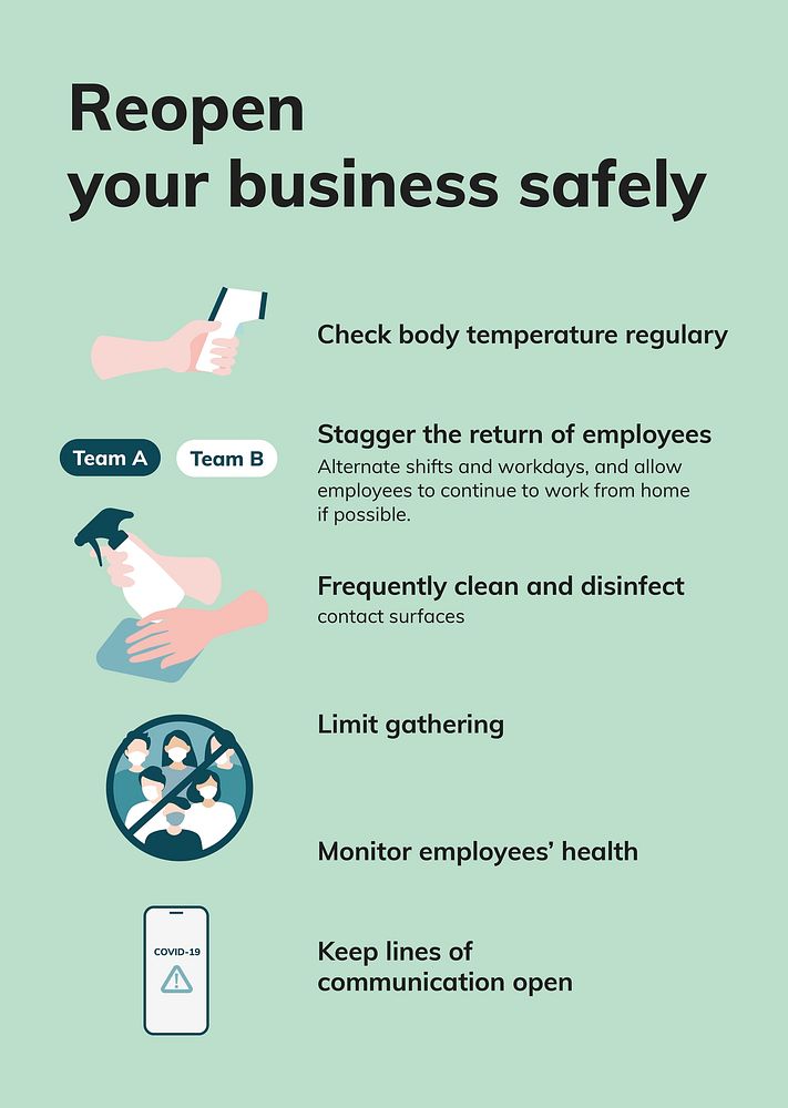 COVID 19 safety guidance vector, reopen business safety measures printable poster