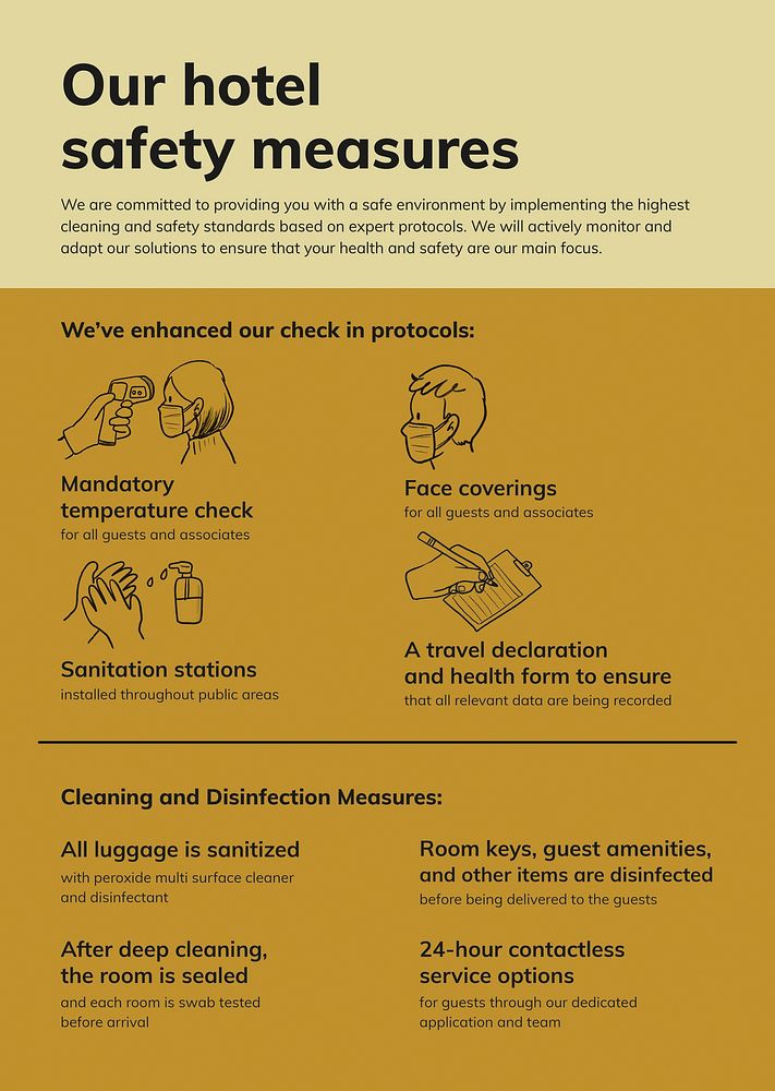 Coronavirus printable vector poster template, hotel reopen safety measures