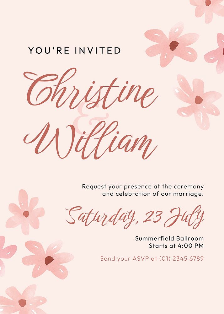 Floral wedding invitation template, pink Spring aesthetic poster vector