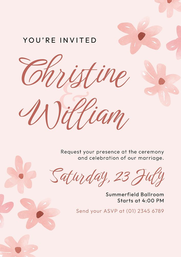 Floral wedding invitation template, pink Spring aesthetic poster vector