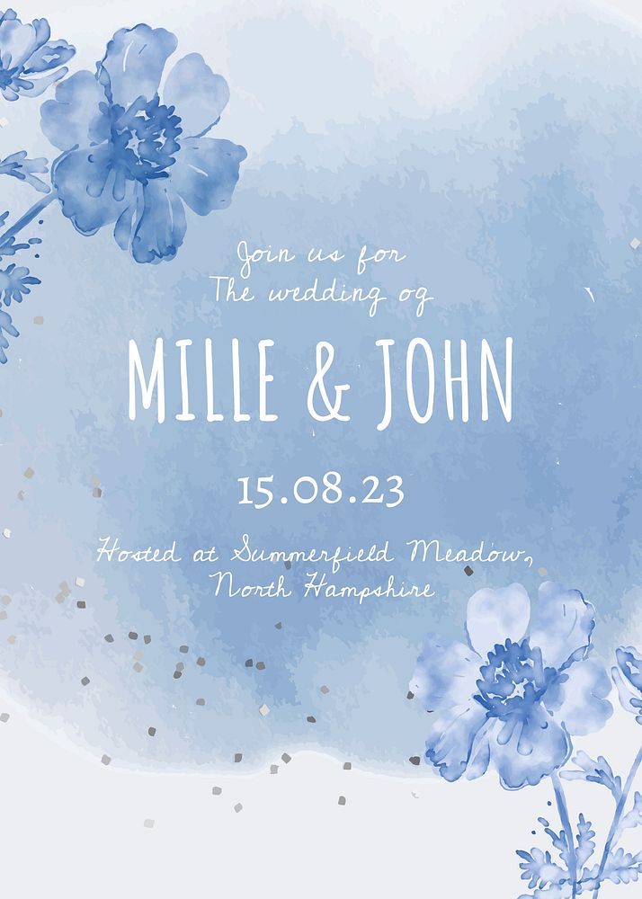Winter wedding invitation template, blue watercolor aesthetic poster vector