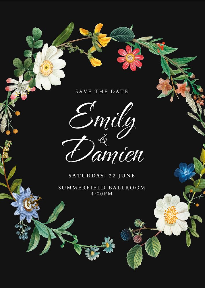 Floral wedding invitation template, celebration event poster vector