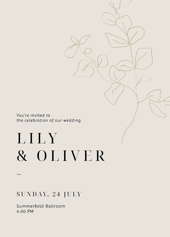 Minimal wedding invitation template, line art poster vector