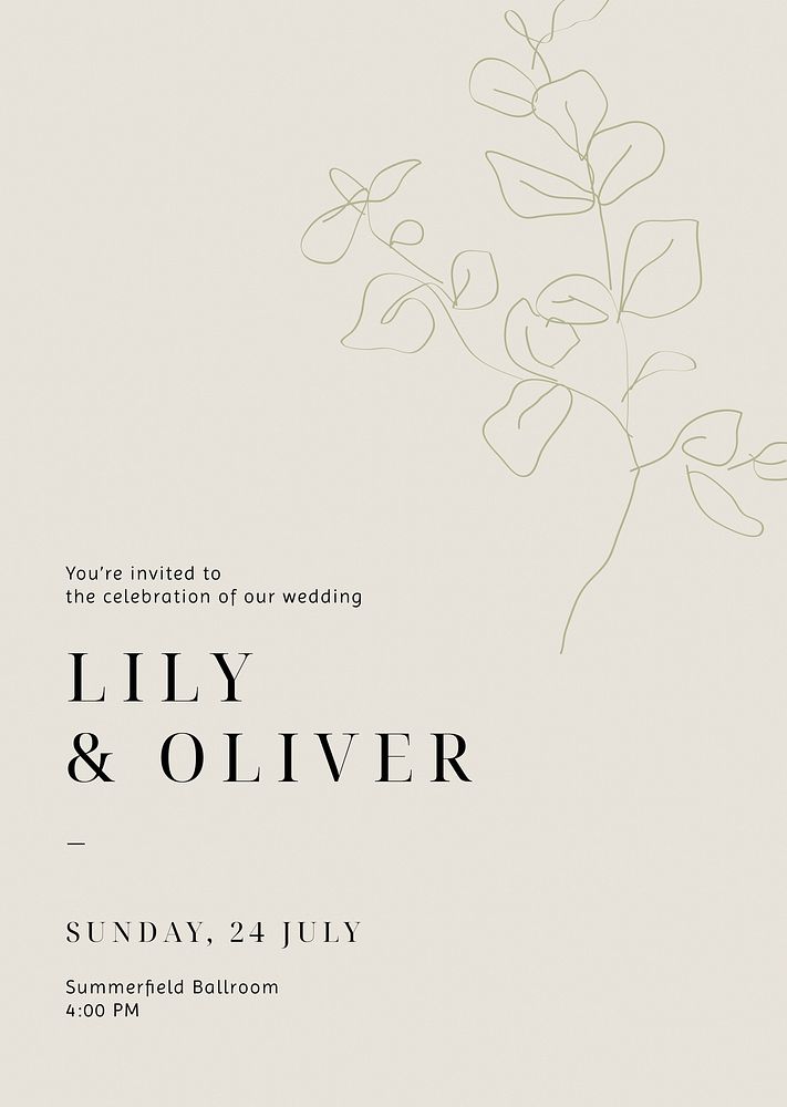 Minimal wedding invitation template, line art design psd