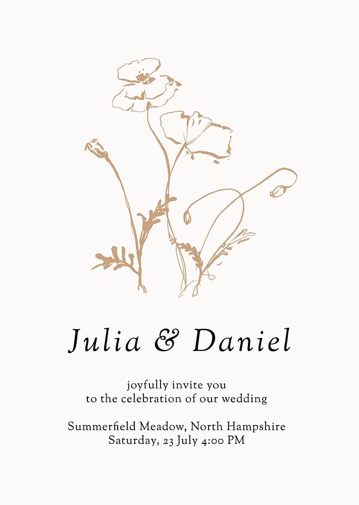 Flower wedding invitation template, minimal aesthetic poster vector