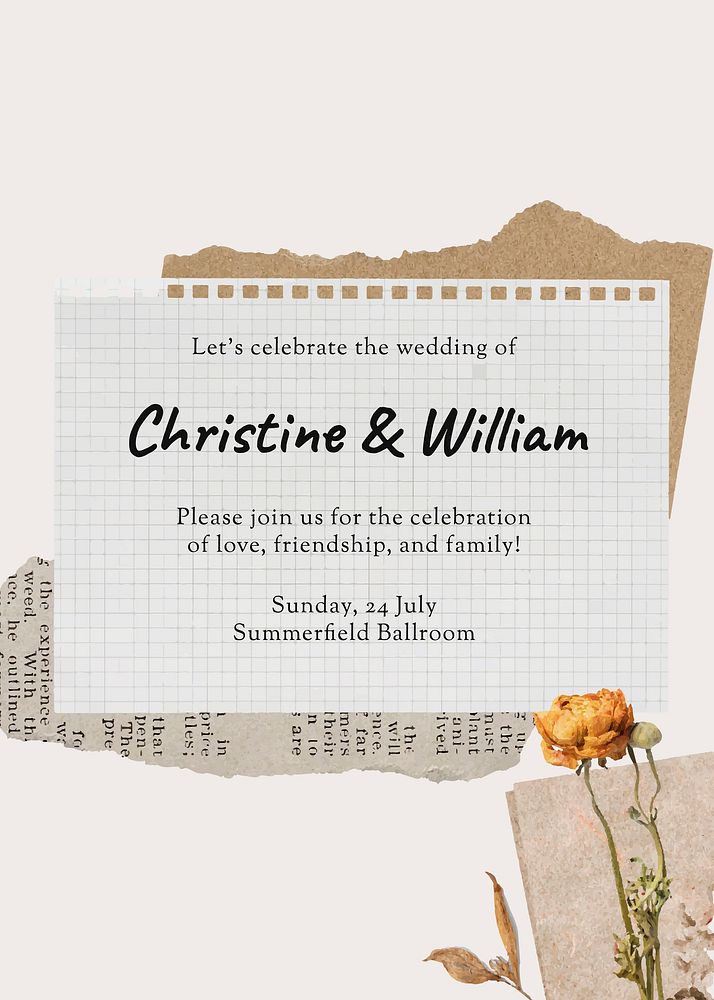 Autumn wedding invitation template, aesthetic paper collage vector