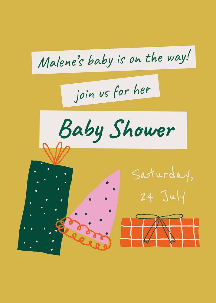 Cute baby shower template, doodle invitation poster vector