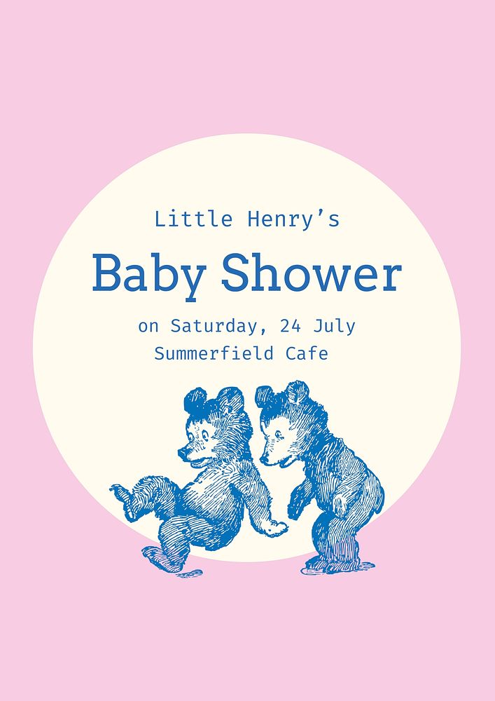 Little bears baby shower template, pink invitation card vector