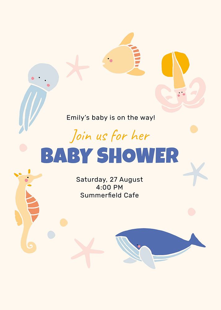 Baby shower celebration template, cute sea animals invitation poster vector